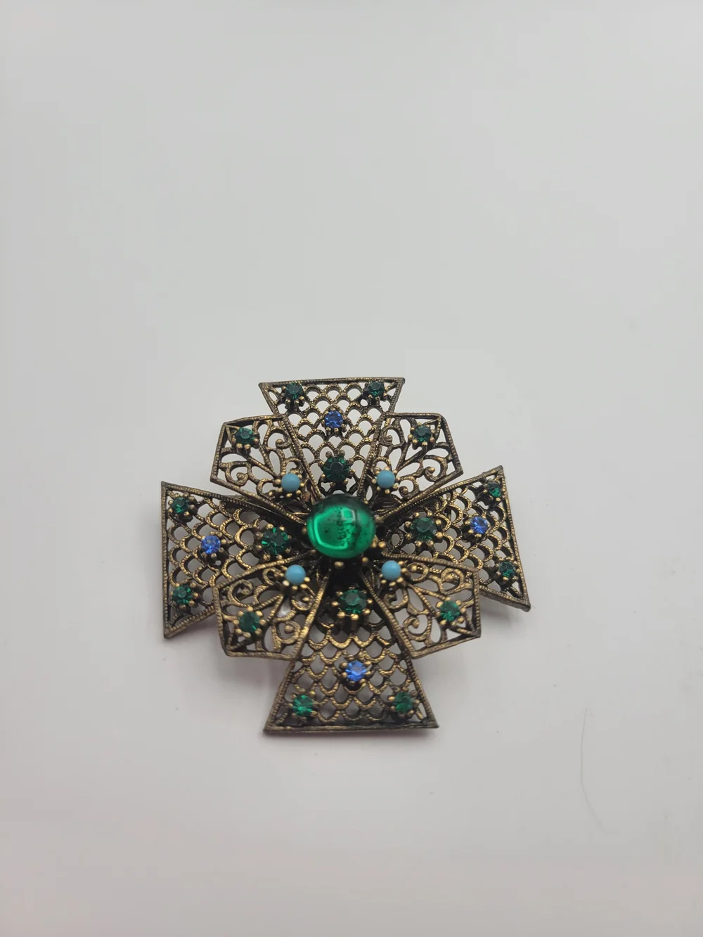 Vintage-Inspired JJ Green and Blue Filigree Cross Brooch
